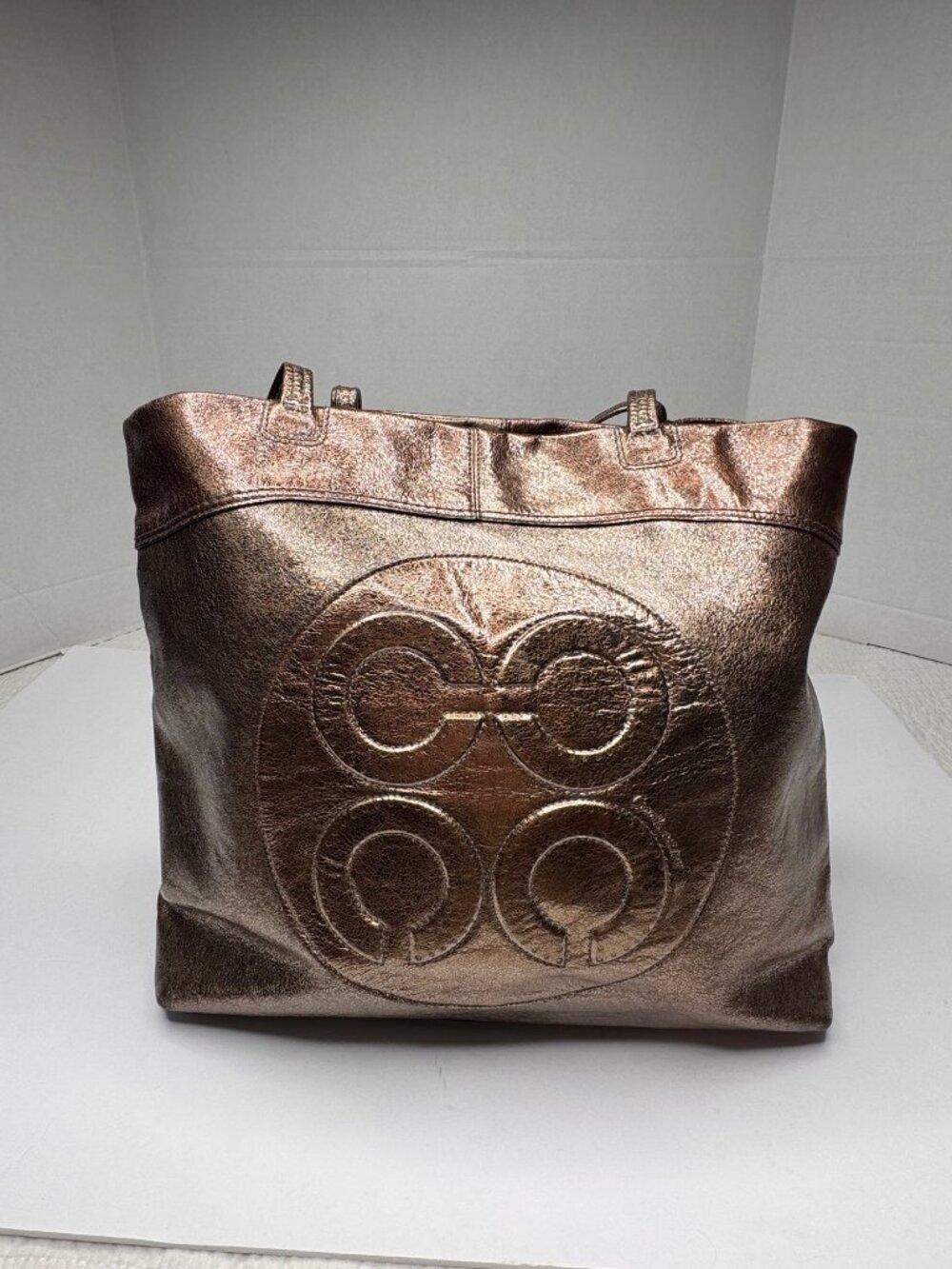 COACH Bag Op Art Julia Perry Metallic Gold Leather Laura Embossed Tote Purse - Picture 5 of 12
